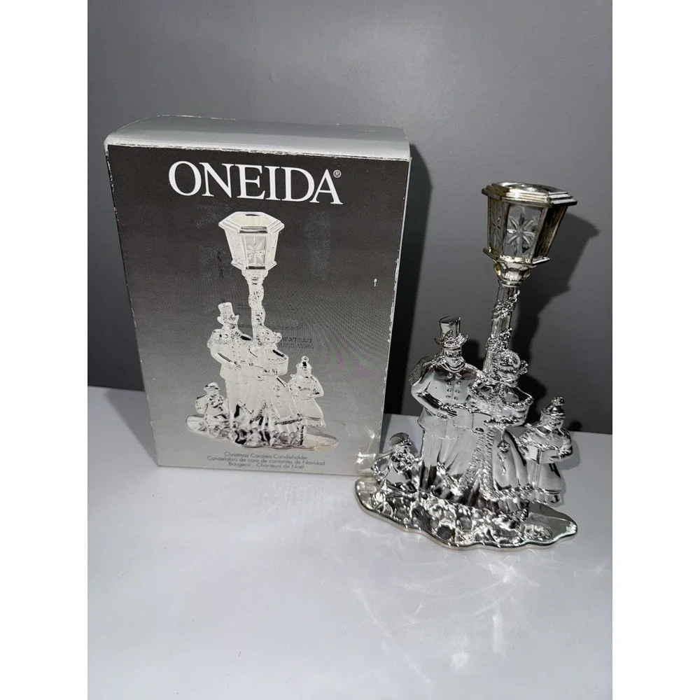 Vtg Christmas Candleholder Carolers Silverplate Mom Dad Kids Dog Oneida Holiday